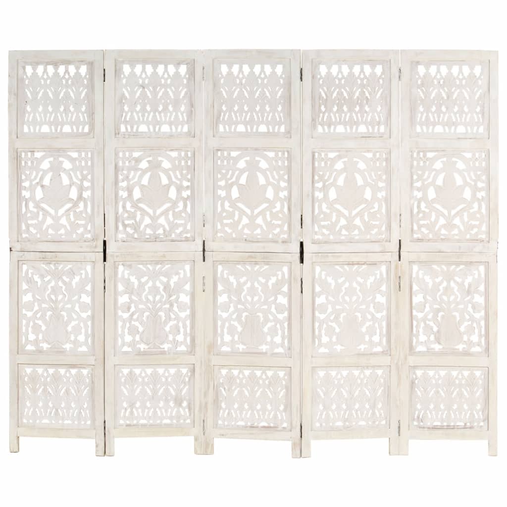 Hand-Carved White 5-Panel Room Divider - Solid Mango Wood 200x165 cm