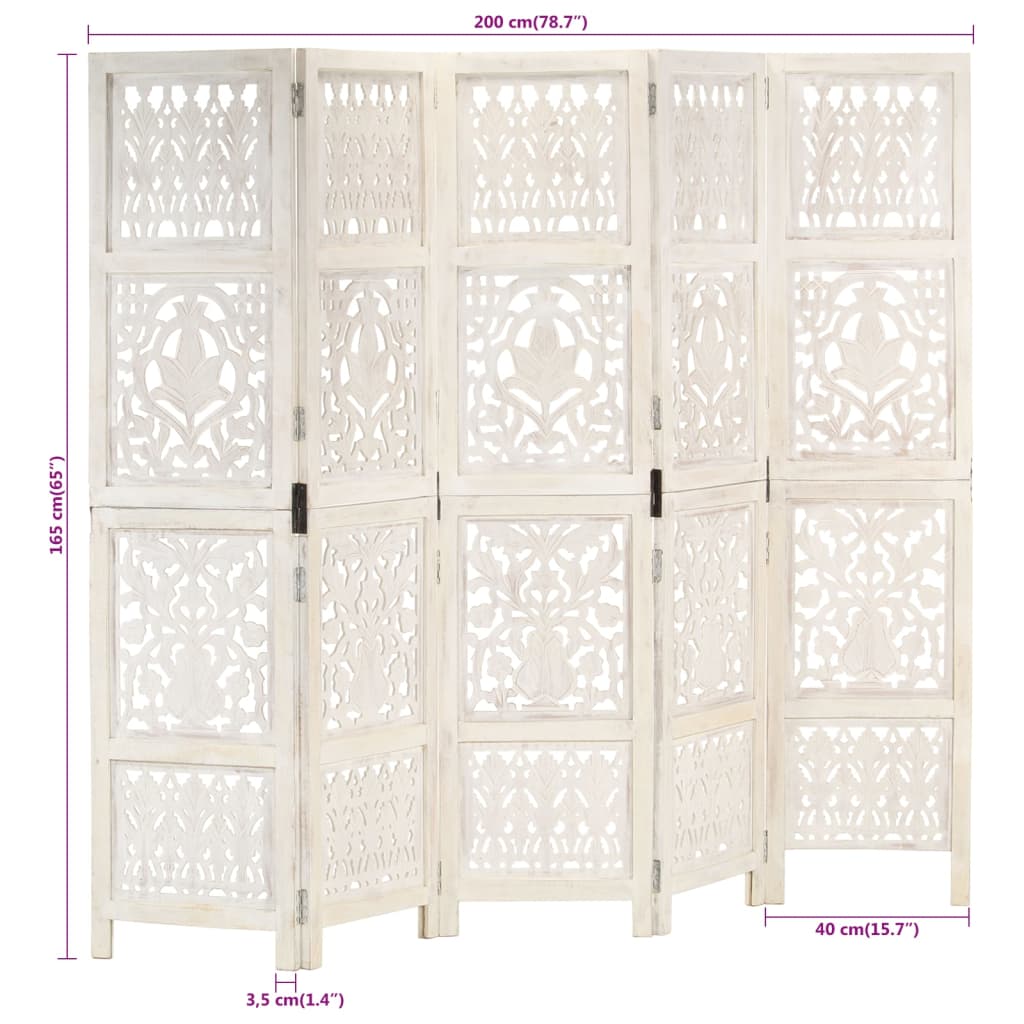 Hand-Carved White 5-Panel Room Divider - Solid Mango Wood 200x165 cm