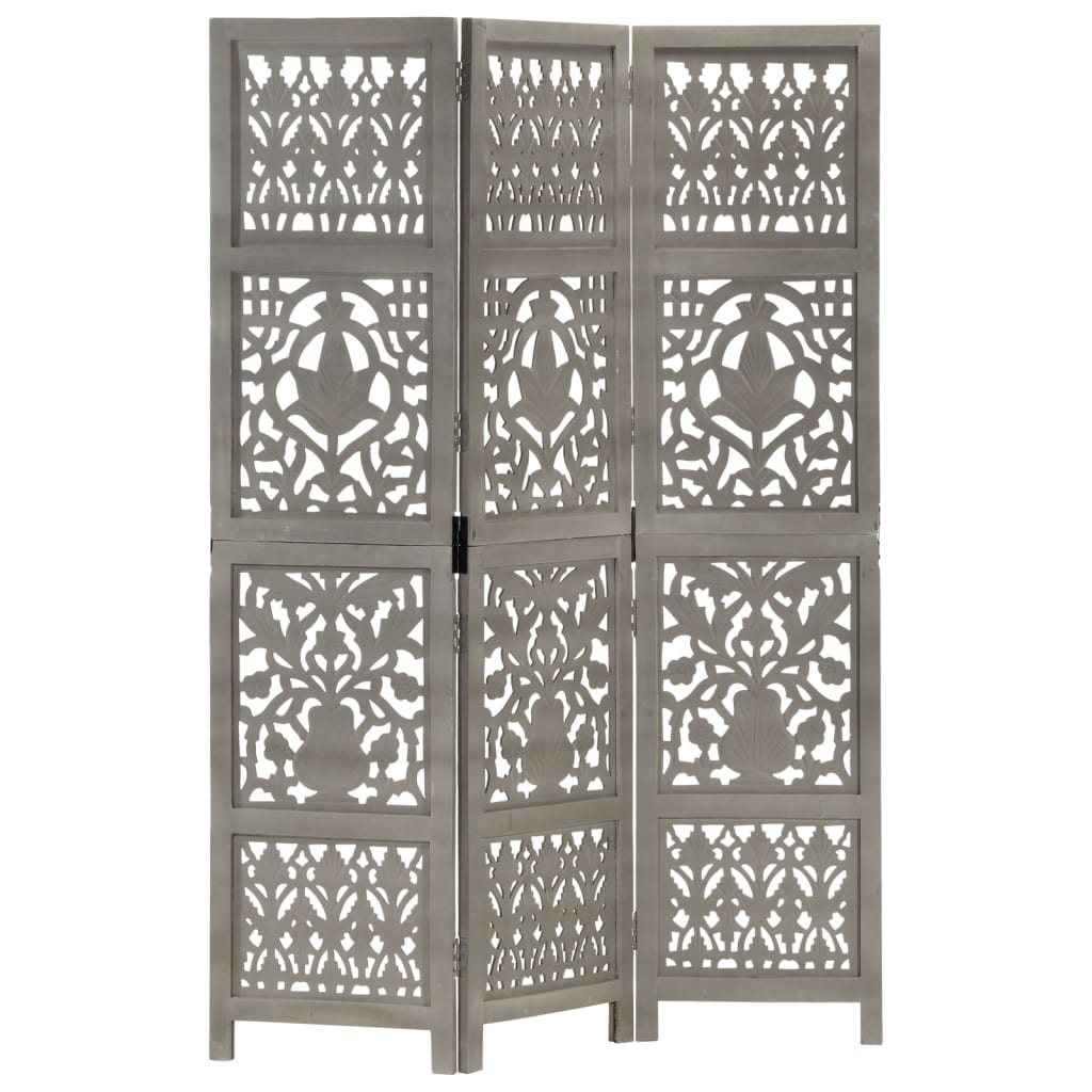 Hand-Carved Grey 3-Panel Room Divider, 120x165cm Mango Wood