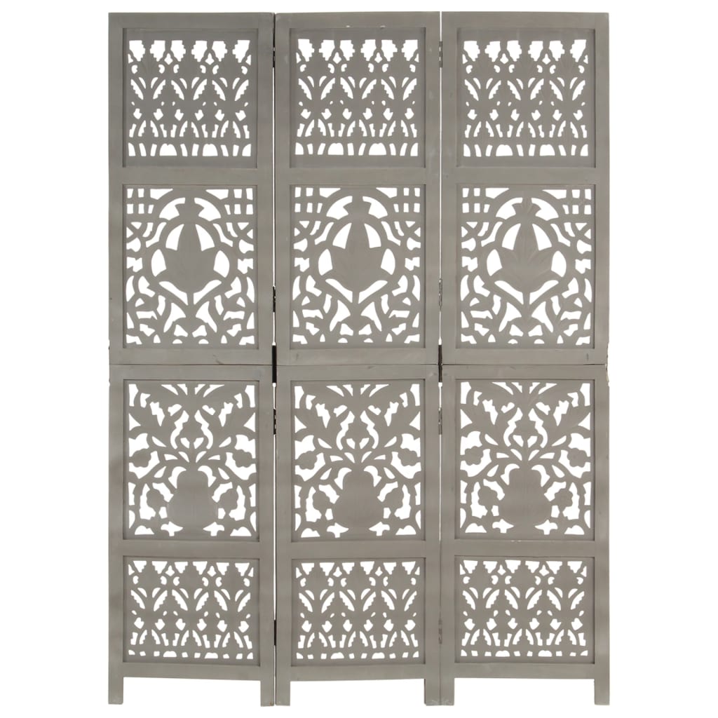 Hand-Carved Grey 3-Panel Room Divider, 120x165cm Mango Wood