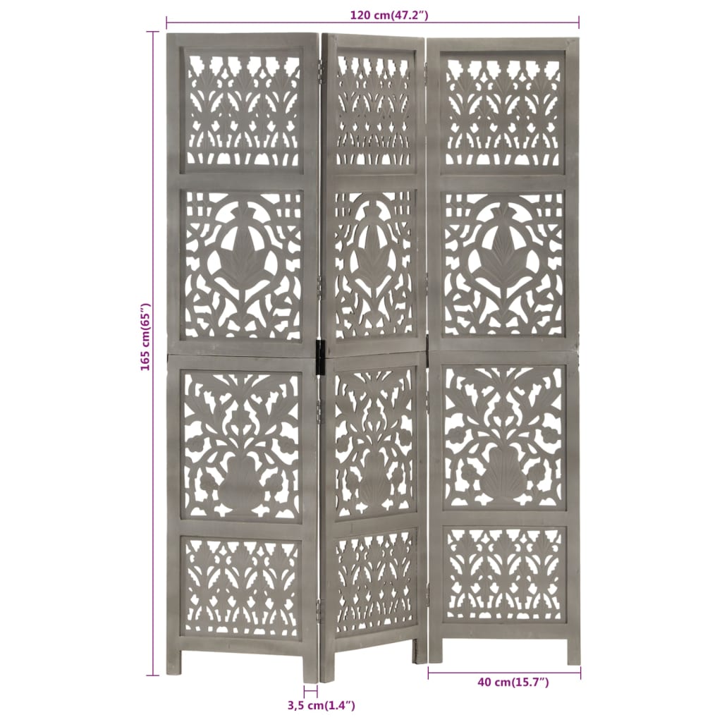 Hand-Carved Grey 3-Panel Room Divider, 120x165cm Mango Wood
