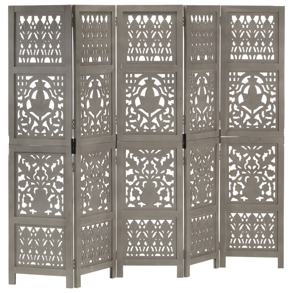 Grey Hand-Carved Mango Wood Room Divider, 5-Panel, 200x165 cm