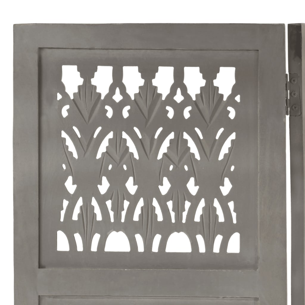 Grey Hand-Carved Mango Wood Room Divider, 5-Panel, 200x165 cm