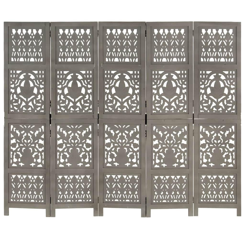 Grey Hand-Carved Mango Wood Room Divider, 5-Panel, 200x165 cm
