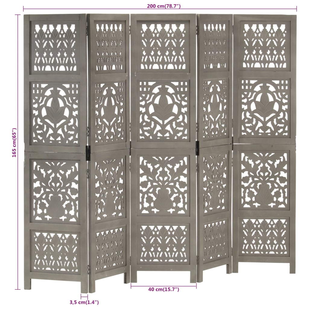 Grey Hand-Carved Mango Wood Room Divider, 5-Panel, 200x165 cm