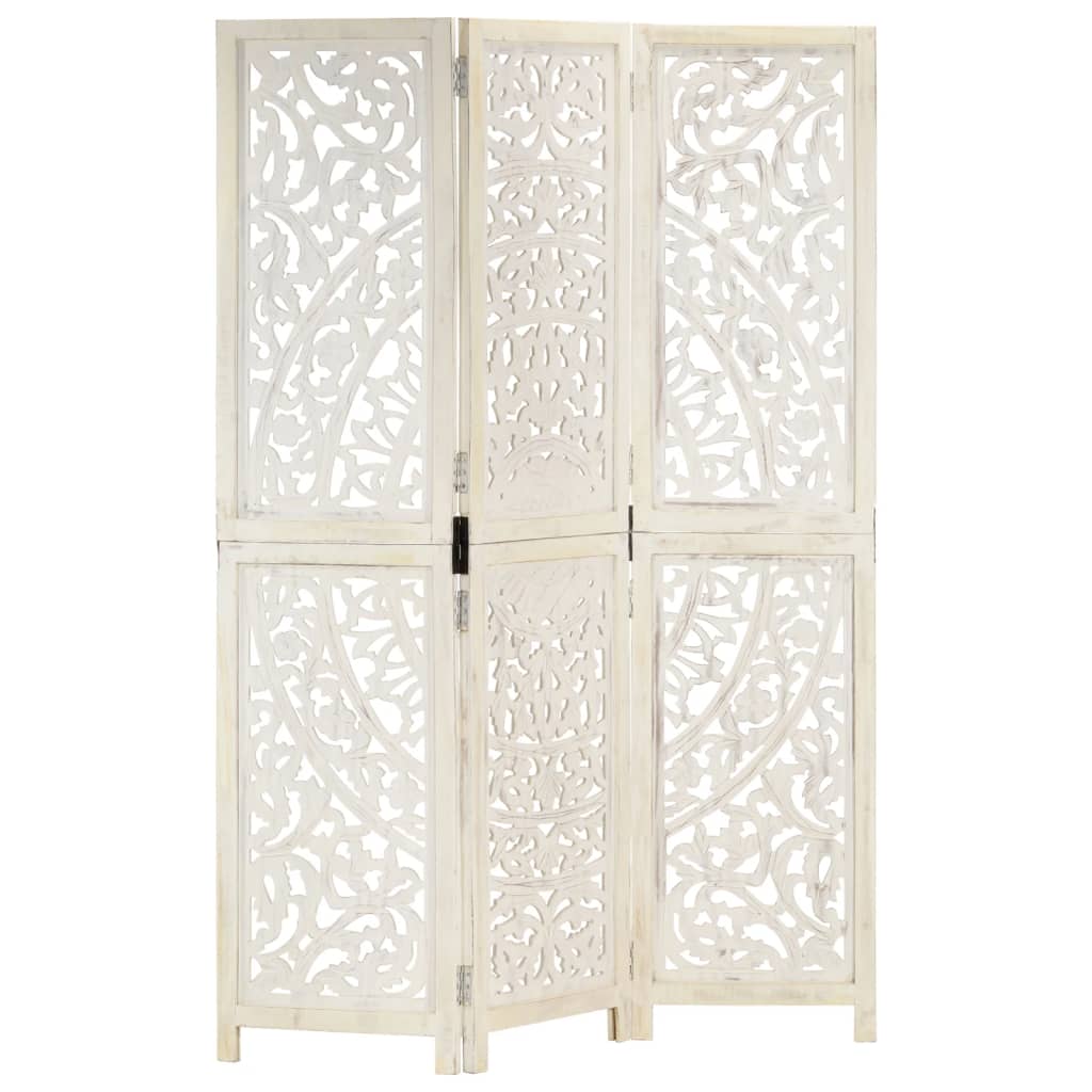 Hand Carved White Mango Wood 3-Panel Room Divider 120x165cm