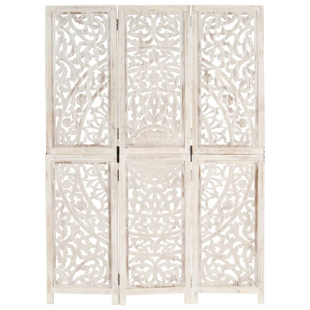 Hand Carved White Mango Wood 3-Panel Room Divider 120x165cm