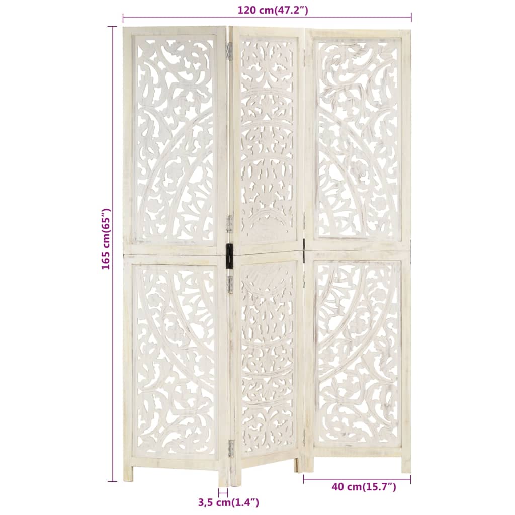 Hand Carved White Mango Wood 3-Panel Room Divider 120x165cm