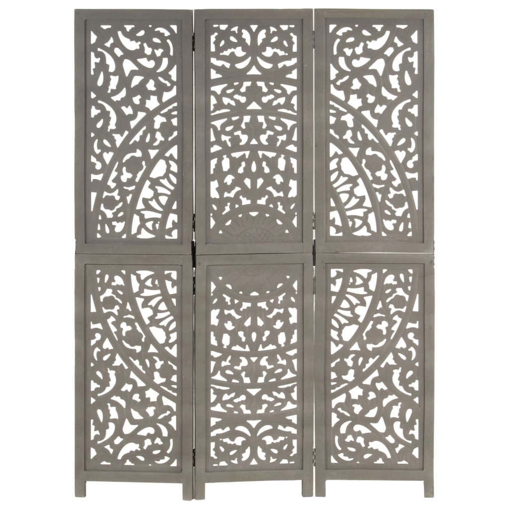 Grey 3-Panel Room Divider - Hand-Carved Solid Mango Wood Decor
