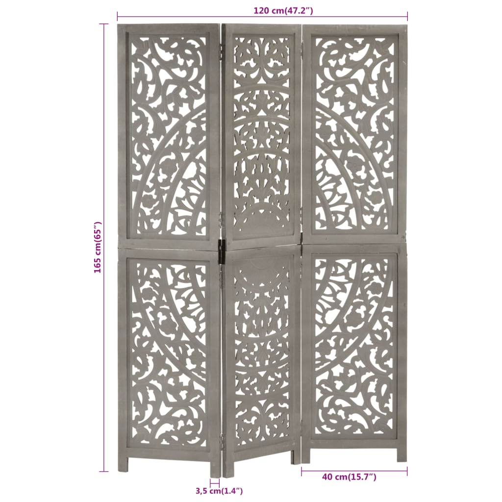 Grey 3-Panel Room Divider - Hand-Carved Solid Mango Wood Decor