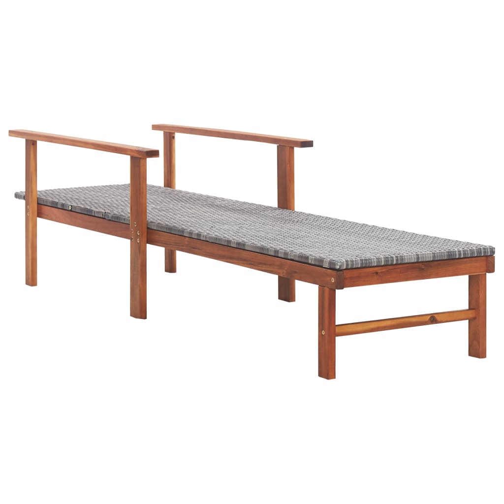 Grey Poly Rattan & Acacia Wood Sun Lounger - Stylish Outdoor Relaxation