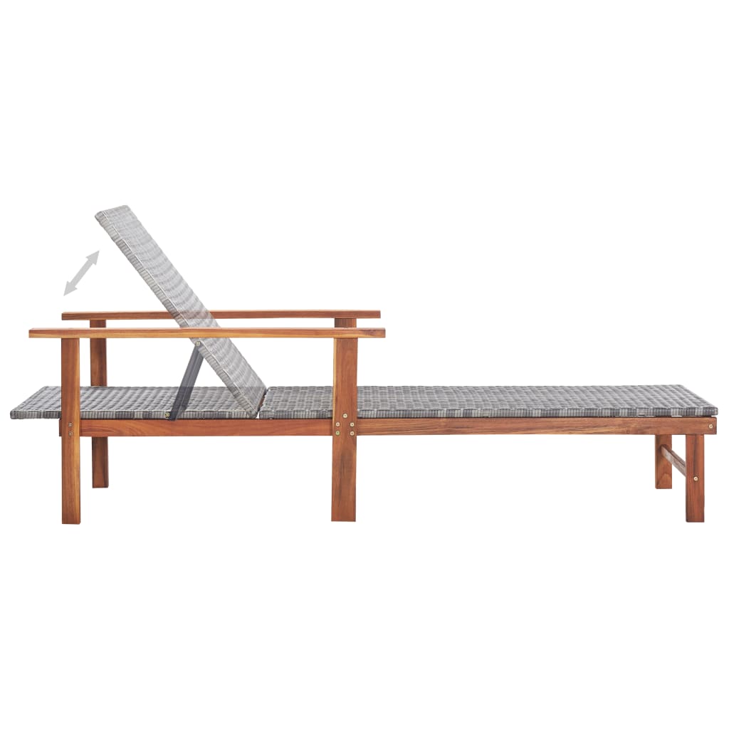 Grey Poly Rattan & Acacia Wood Sun Lounger - Stylish Outdoor Relaxation