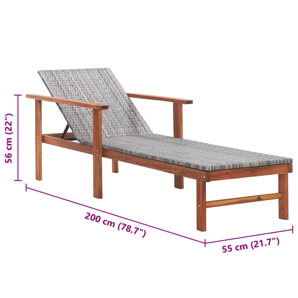 Grey Poly Rattan & Acacia Wood Sun Lounger - Stylish Outdoor Relaxation