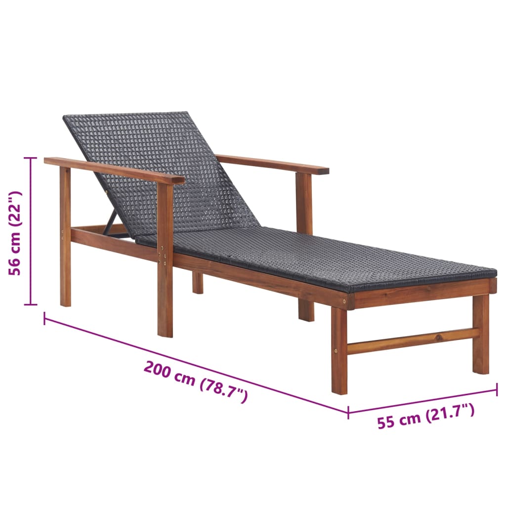 Elegant Black Sun Lounger | Poly Rattan & Acacia Wood Design