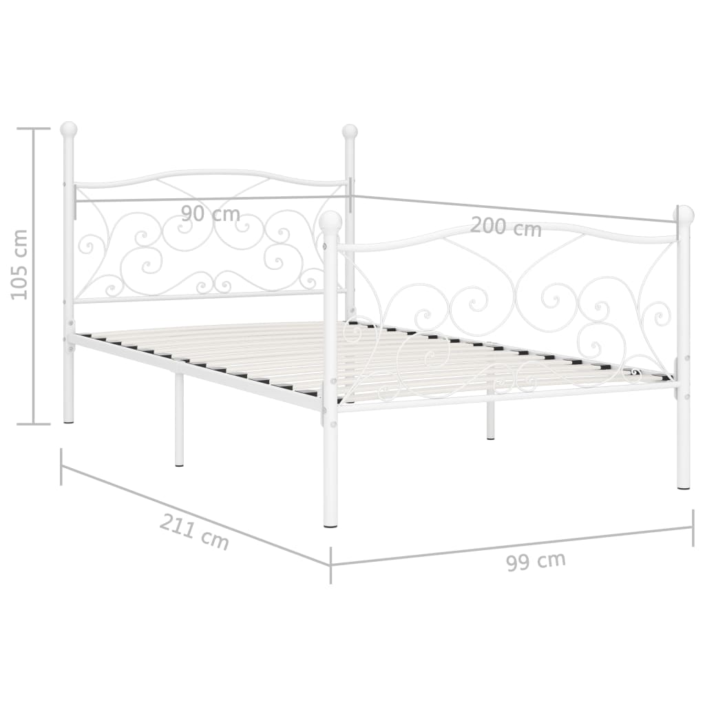 White Metal Bed Frame 90x200 cm - Slatted Base, No Mattress