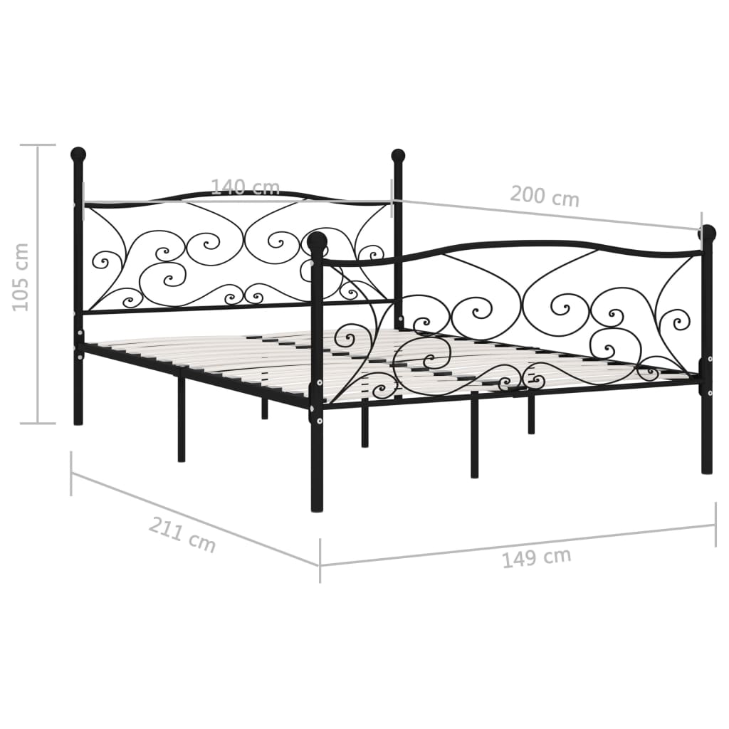 Black Metal Bed Frame 140x200 cm with Slatted Base (No Mattress)
