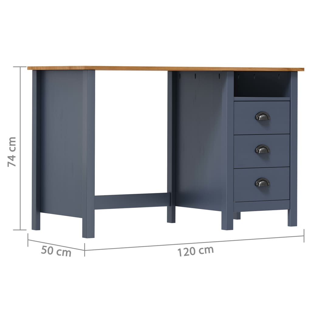 Solid Pine Wooden Desk Hill with 3 Drawers, Grey, 120x50x74 cm