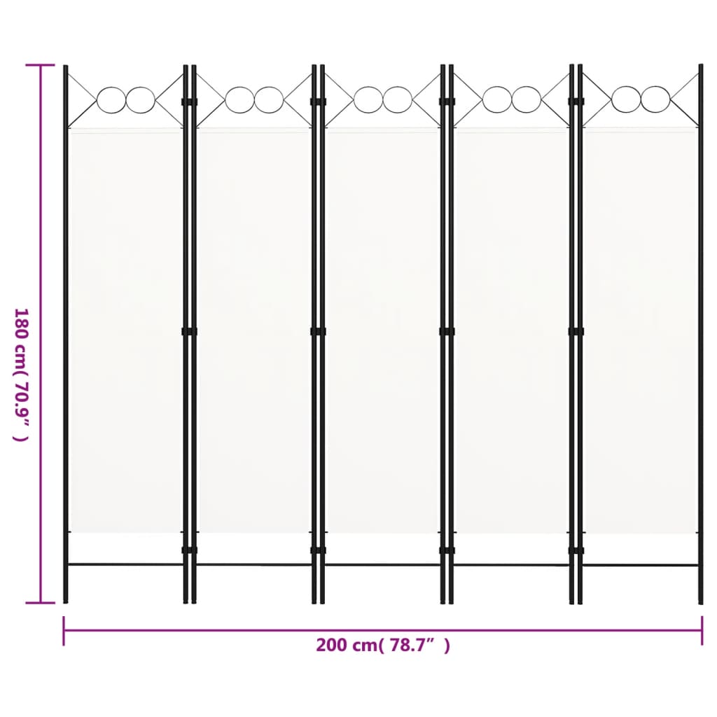 White 5-Panel Room Divider, 200x180 cm - Stylish Privacy Screen