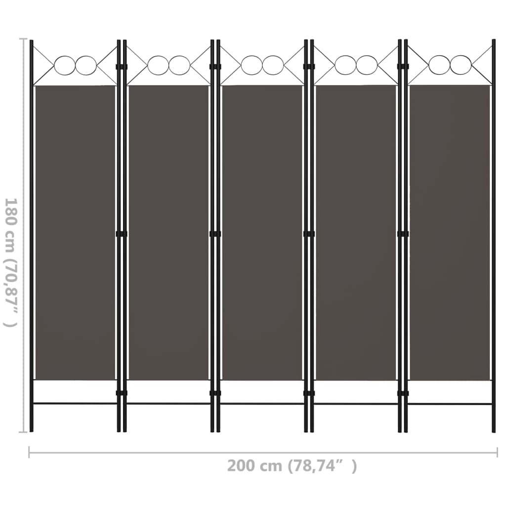 Anthracite 5-Panel Room Divider Privacy Screen, 200x180 cm