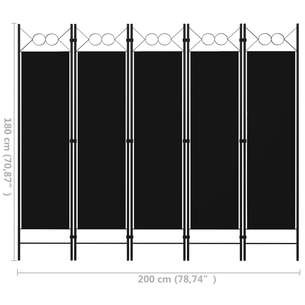 Elegant Black 5-Panel Room Divider, Fabric, 200x180 cm