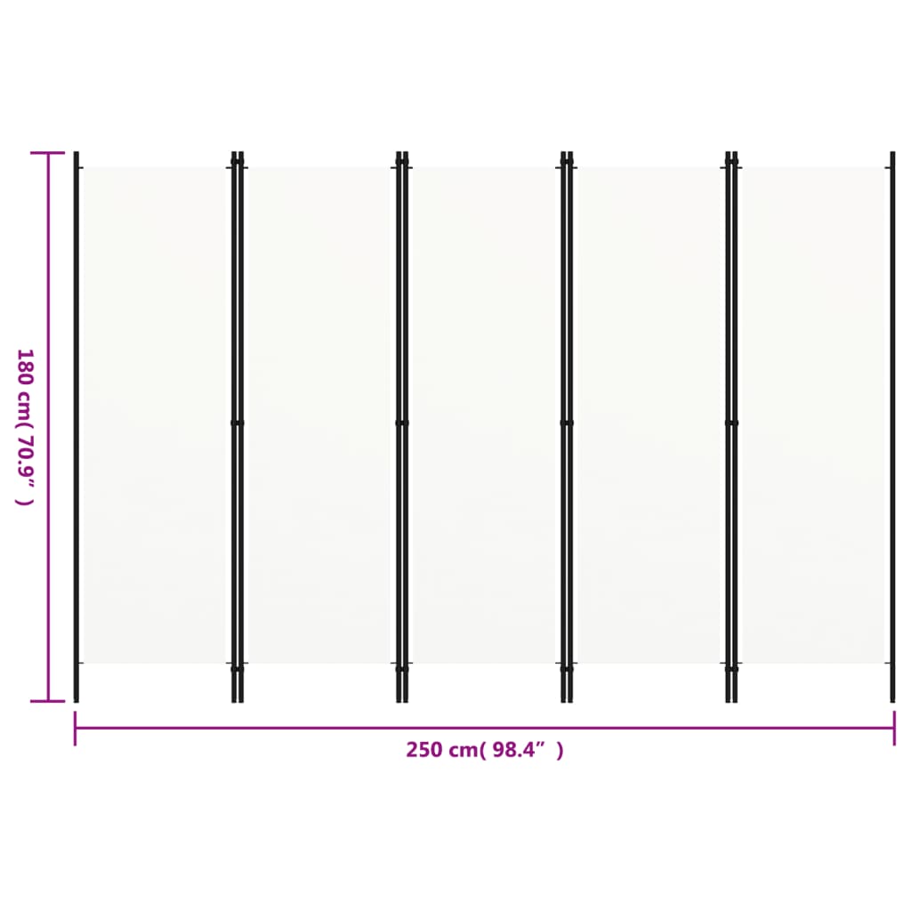 Elegant White 5-Panel Room Divider, 250x180 cm, Privacy Screen