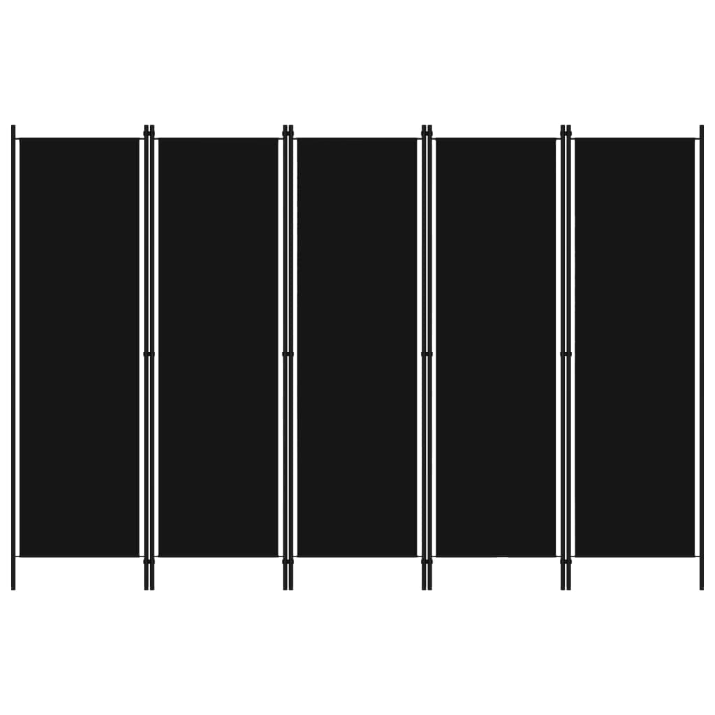 5-Panel Room Divider, Black Fabric, 250x180 cm