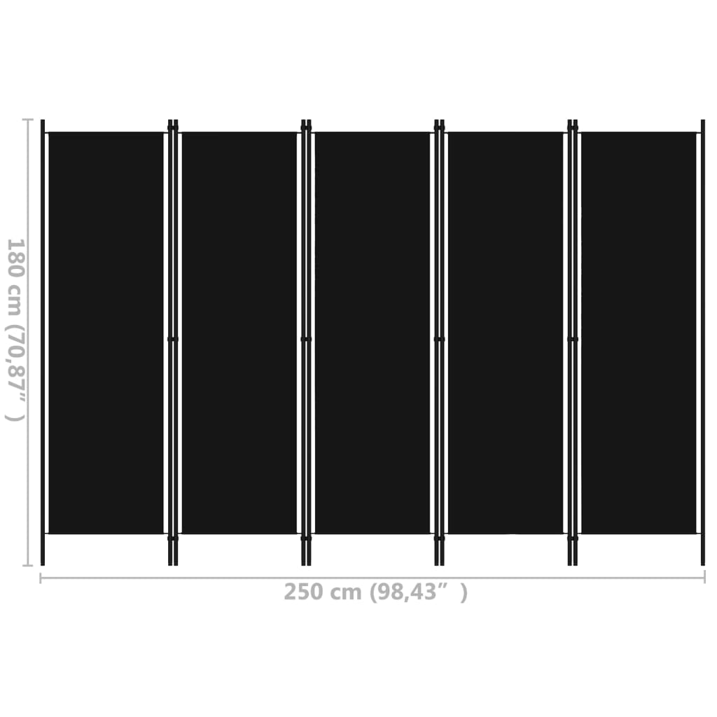 5-Panel Room Divider, Black Fabric, 250x180 cm