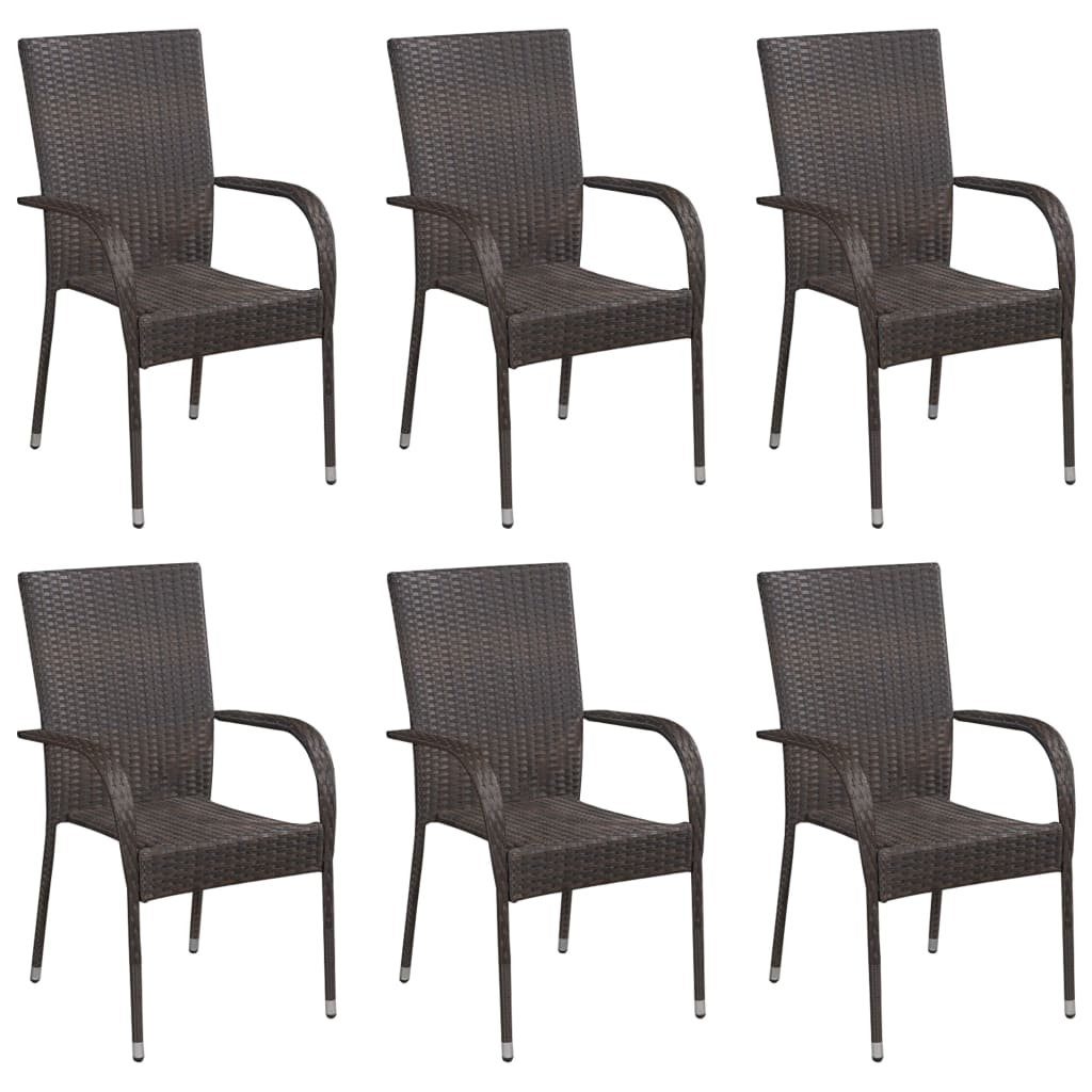 Set of 6 Stackable Poly Rattan Outdoor Chairs - Brown