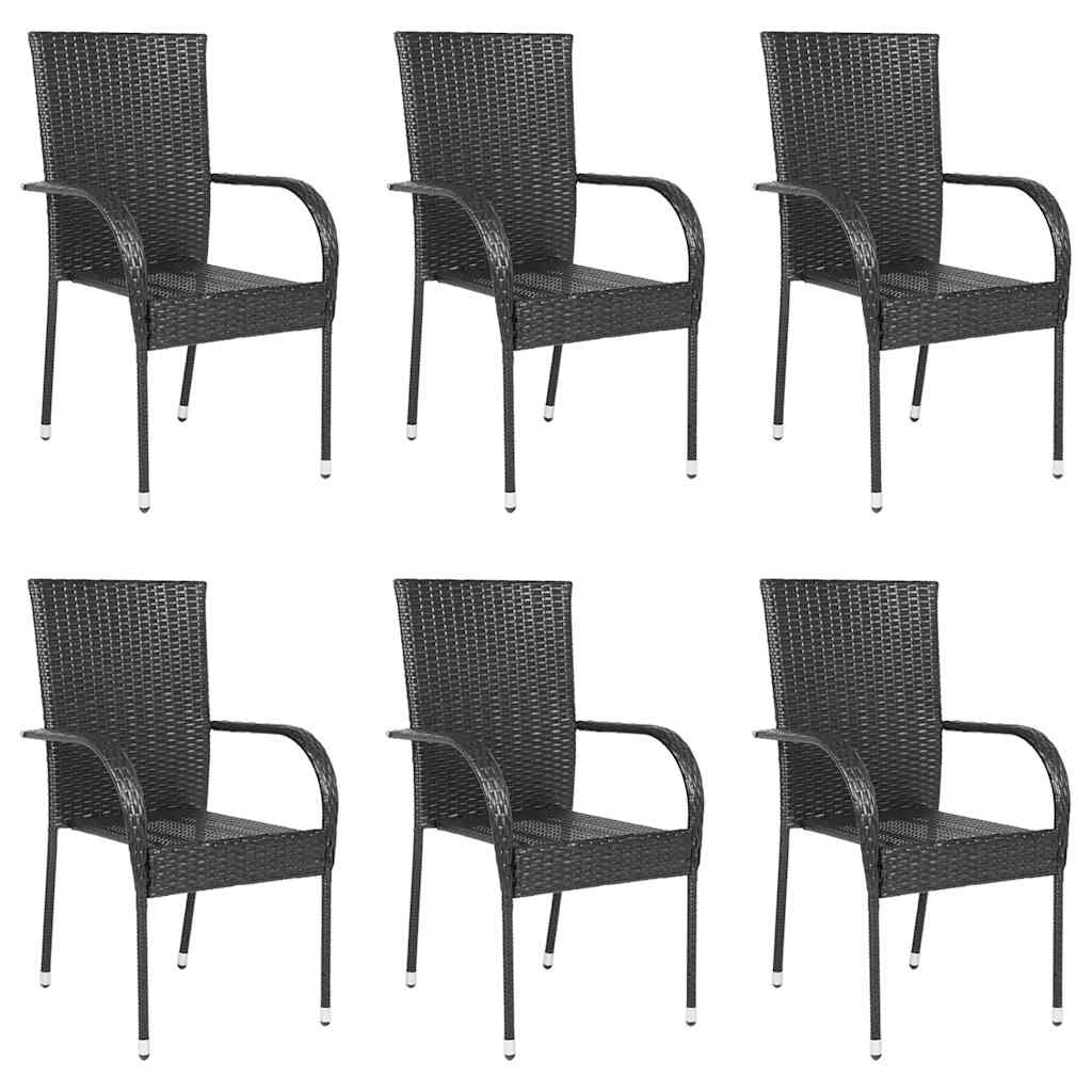 Sleek Black Poly Rattan Outdoor Chairs, Stackable Set of 6