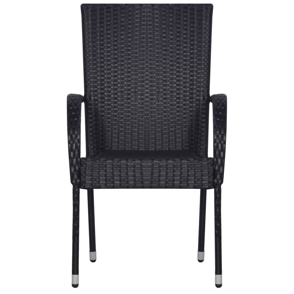 Sleek Black Poly Rattan Outdoor Chairs, Stackable Set of 6