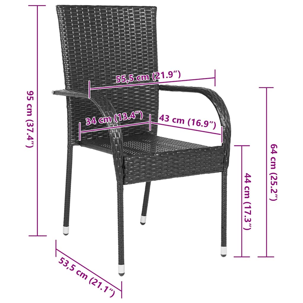 Sleek Black Poly Rattan Outdoor Chairs, Stackable Set of 6