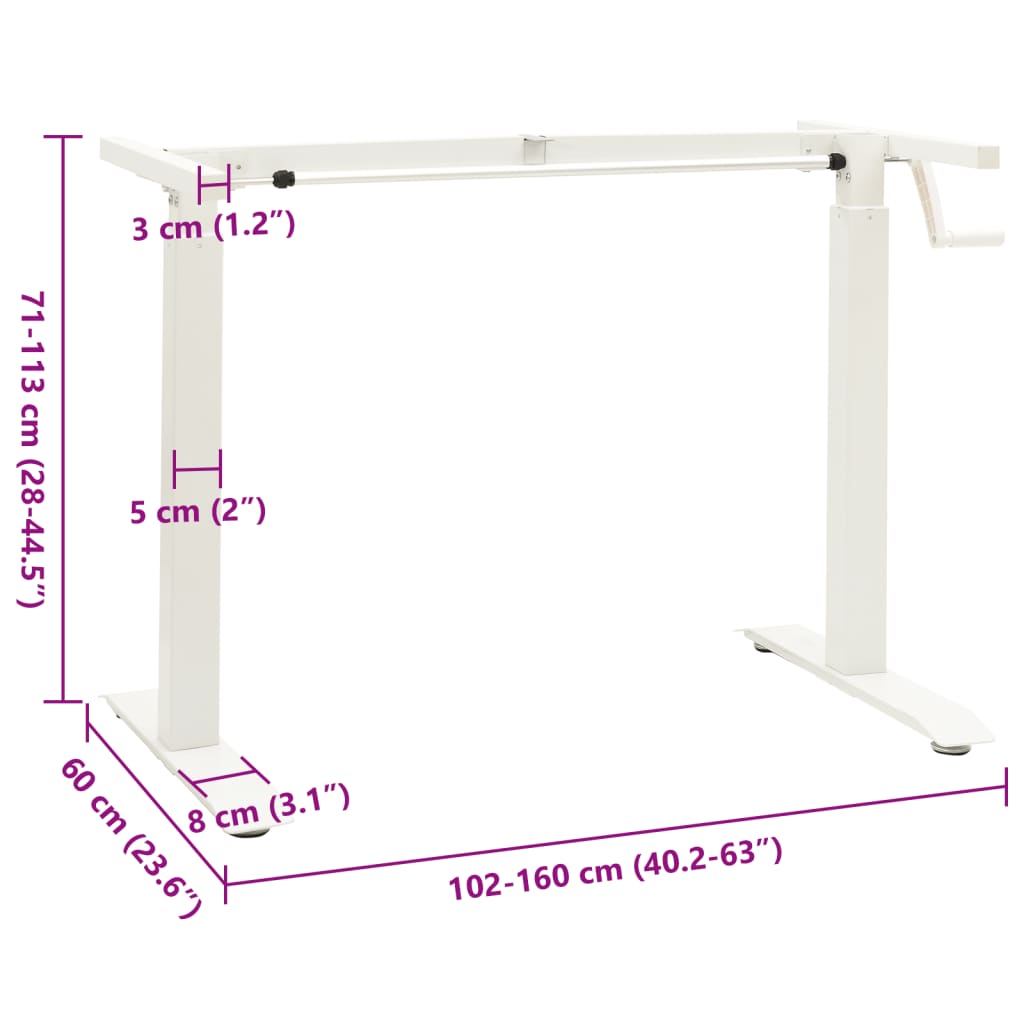 White Manual Hand Crank Height Adjustable Standing Desk Frame