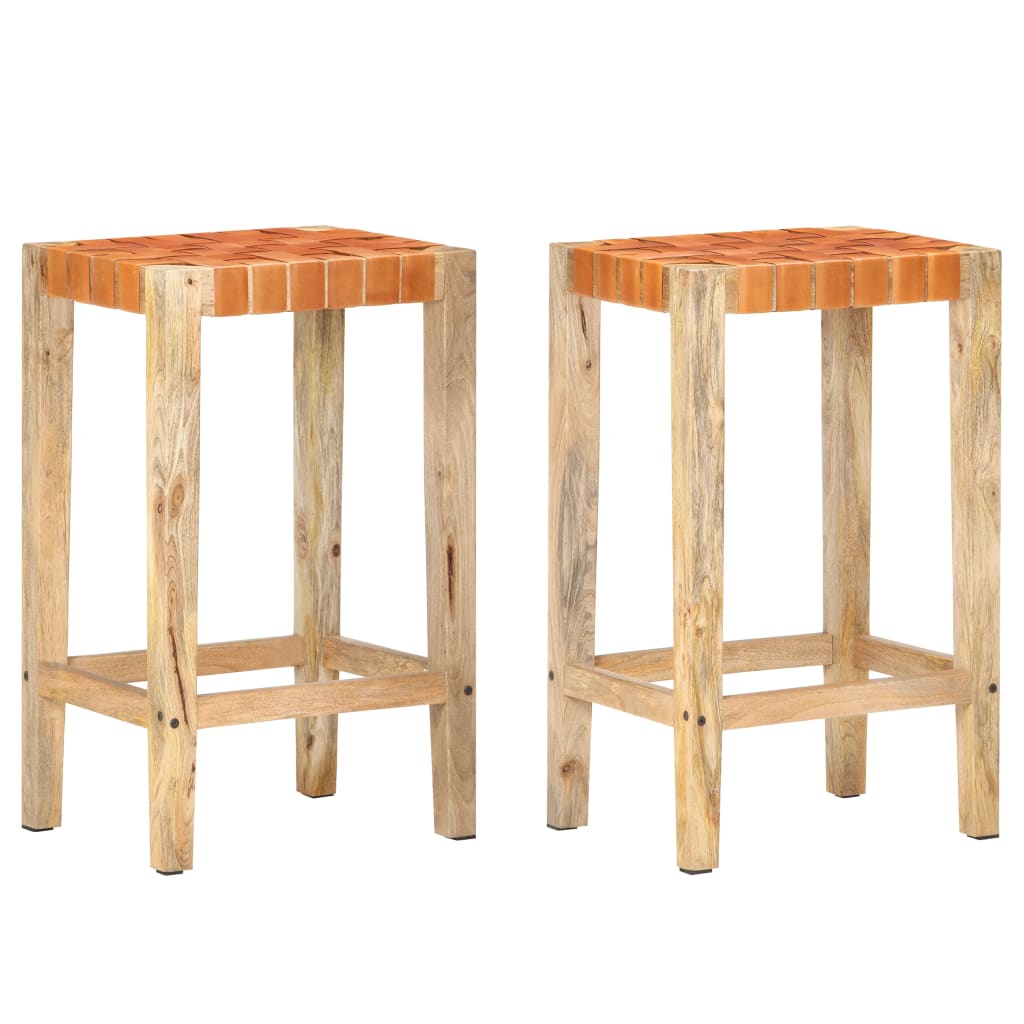 Set of 2 Brown Real Leather Bar Stools - 75 cm Height