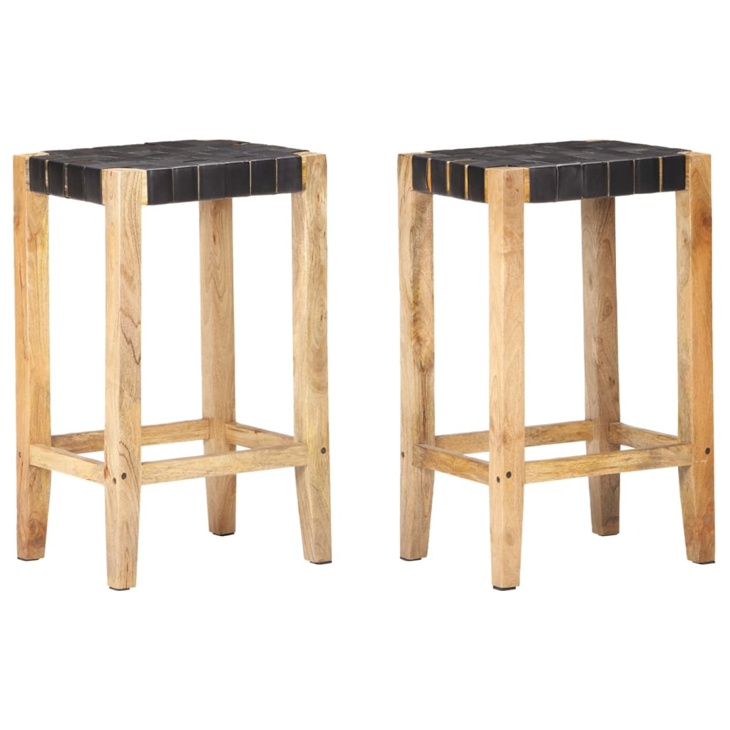 Black Real Leather Bar Stools Set of 2, 75 cm