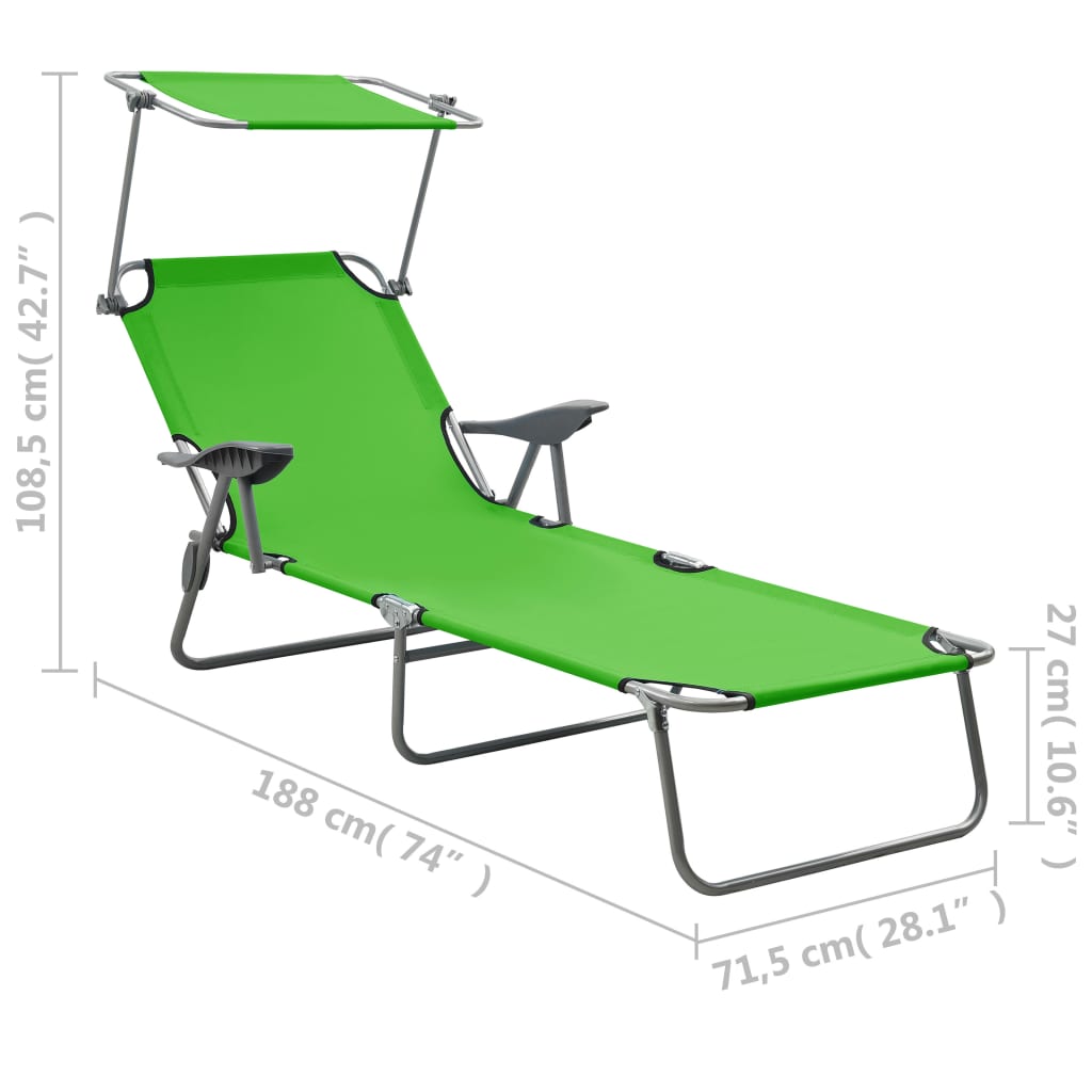 Sun Lounger with Canopy, Steel Frame, Green Finish