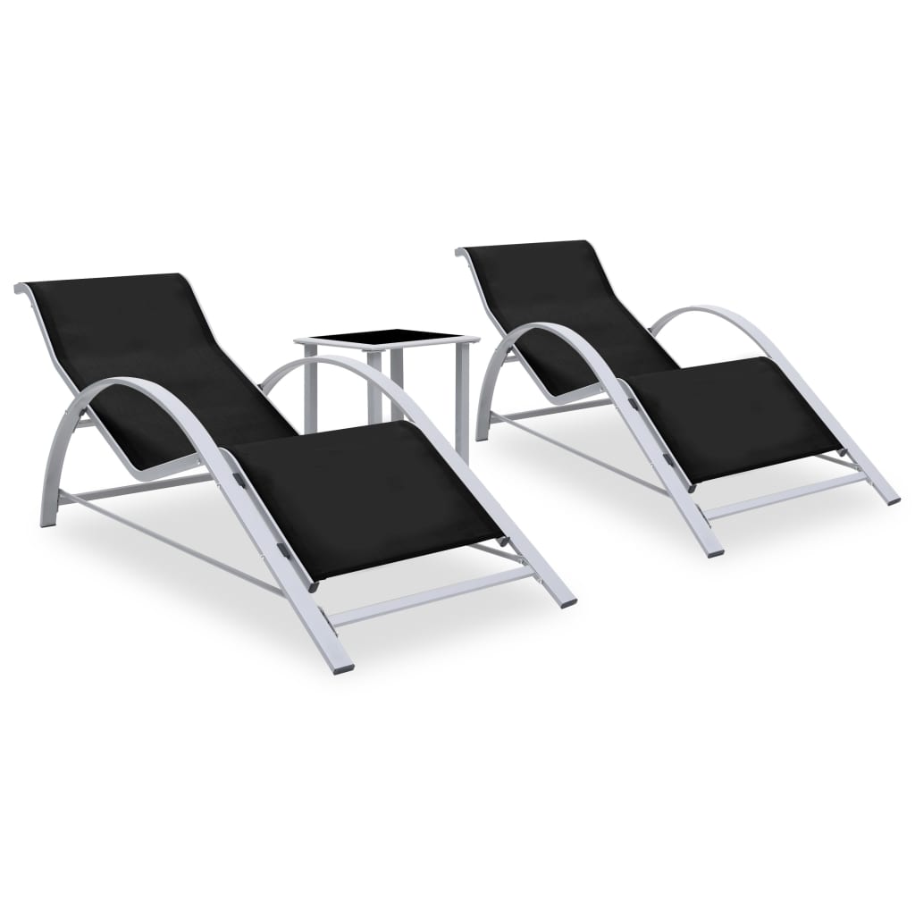 Black Aluminium Sun Loungers Set with Table - 2 Pcs