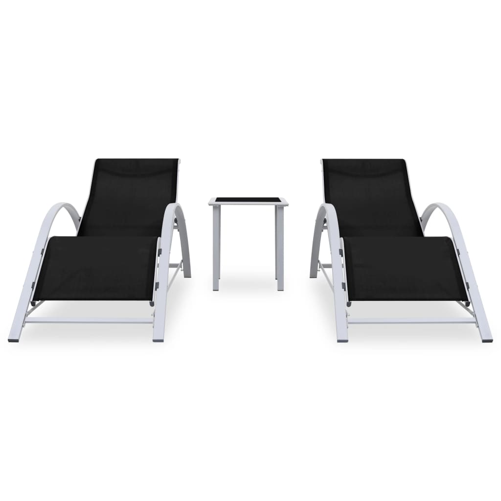 Black Aluminium Sun Loungers Set with Table - 2 Pcs