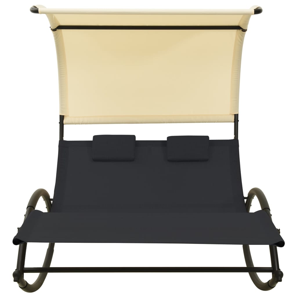 Elegant Black & Cream Double Sun Lounger with Canopy - Textilene Material