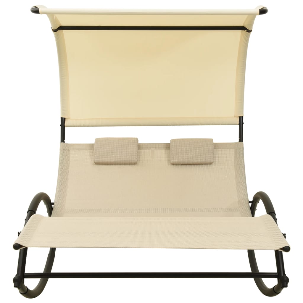 Luxury Double Sun Lounger with Canopy in Cream Textilene