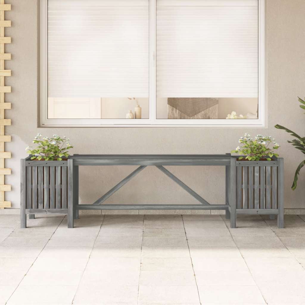Solid Acacia Wood Grey Garden Bench with 2 Planters, 150cm