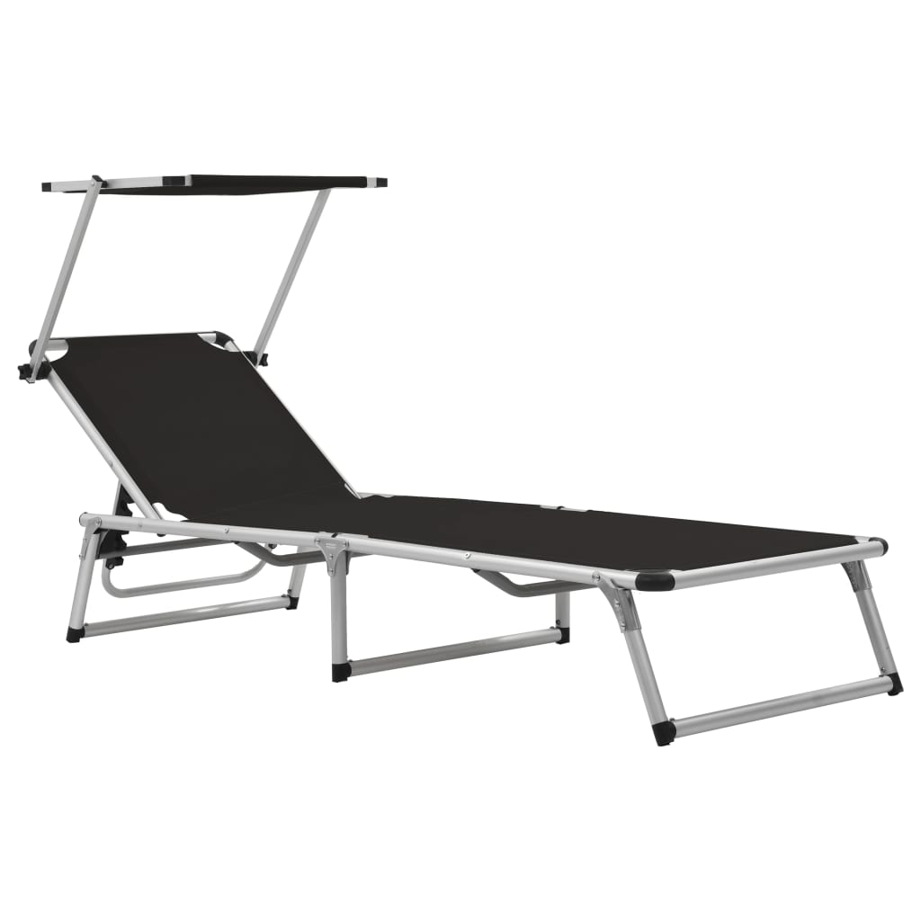 Black Aluminium Folding Sun Loungers 2-Pack with Roof Shelter
