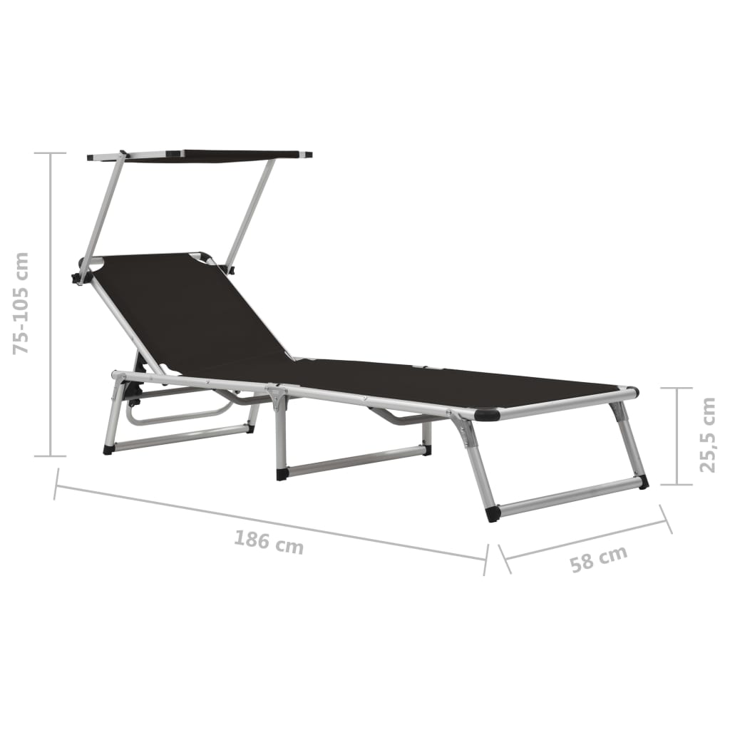 Black Aluminium Folding Sun Loungers 2-Pack with Roof Shelter