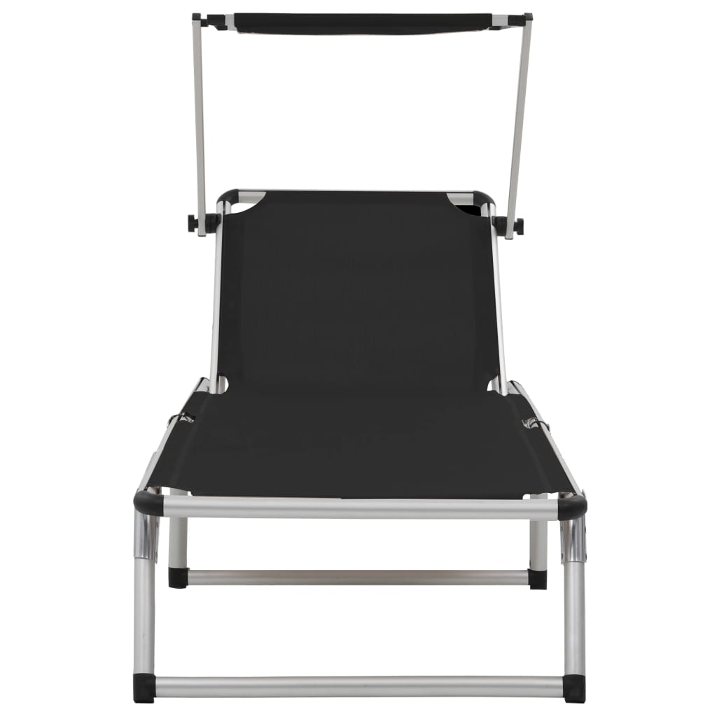 Black Aluminium Folding Sun Loungers 2-Pack with Roof Shelter