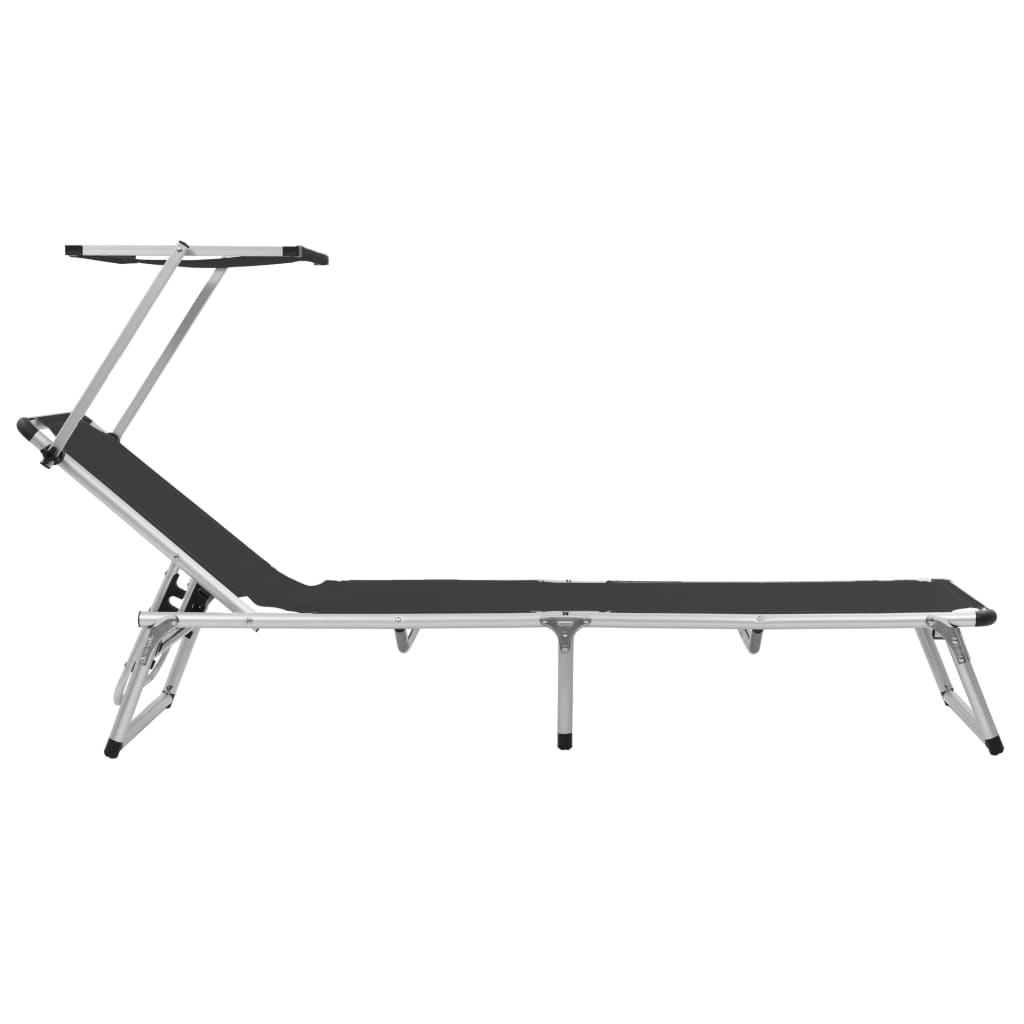 Black Aluminium Folding Sun Loungers 2-Pack with Roof Shelter