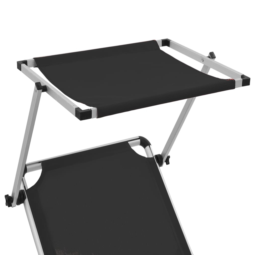 Black Aluminium Folding Sun Loungers 2-Pack with Roof Shelter