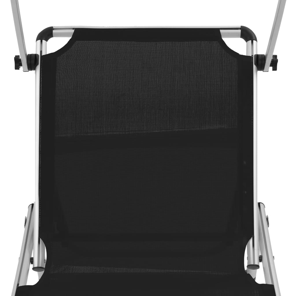 Black Aluminium Folding Sun Loungers 2-Pack with Roof Shelter