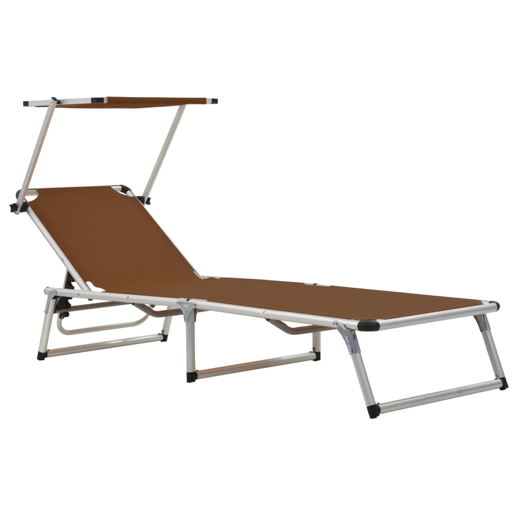 Brown Folding Sun Loungers with Roof - 2 Pcs, Aluminum & Textilene
