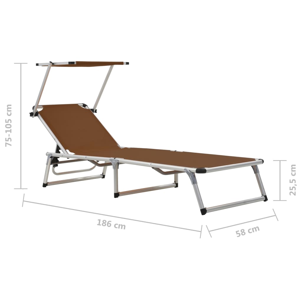 Brown Folding Sun Loungers with Roof - 2 Pcs, Aluminum & Textilene