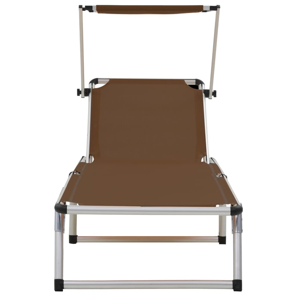Brown Folding Sun Loungers with Roof - 2 Pcs, Aluminum & Textilene
