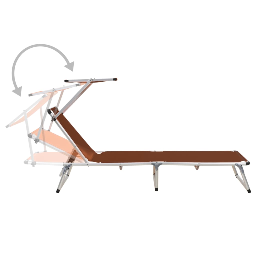 Brown Folding Sun Loungers with Roof - 2 Pcs, Aluminum & Textilene